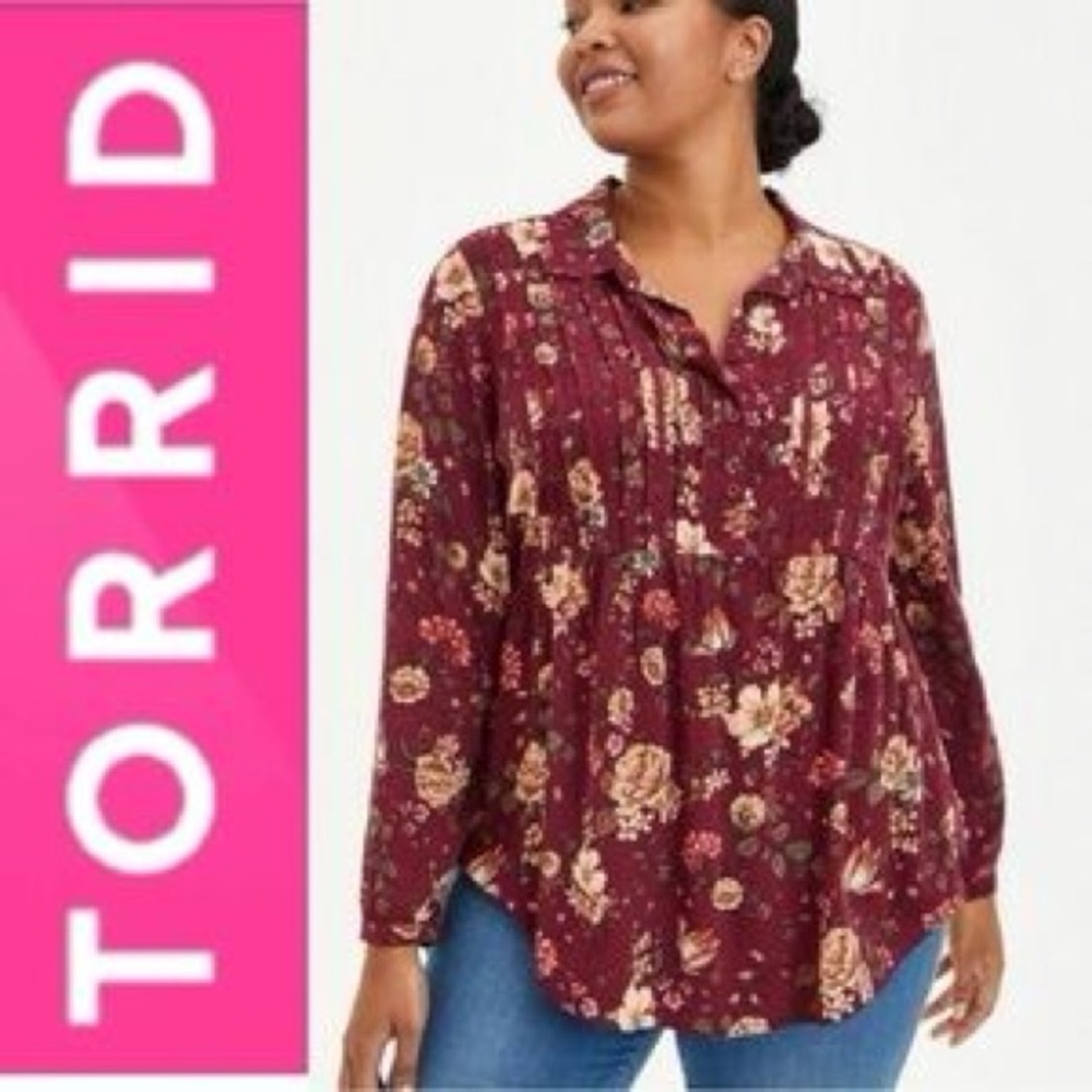 Torrid Women's Plus Size 3 Burgundy Floral Button Long Sleeve Tunic Top Blouse